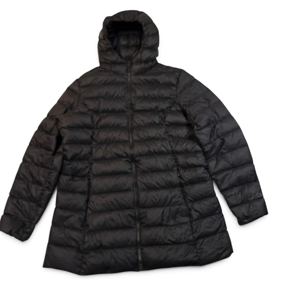 Eddie Bauer EB650 Down Hooded Puffer Jacket Black Womens XL Quilted Full Zip